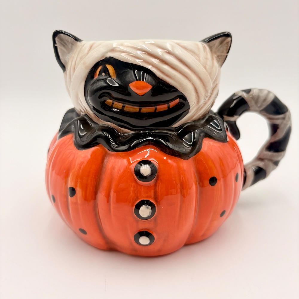 Johanna Parker Transpac Halloween Black Cat Mummy Pumpkin Mug Ceramic Folk Art
